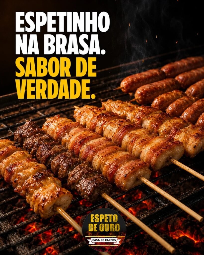 Espetinhos de carne, frango e linguiça na brasa