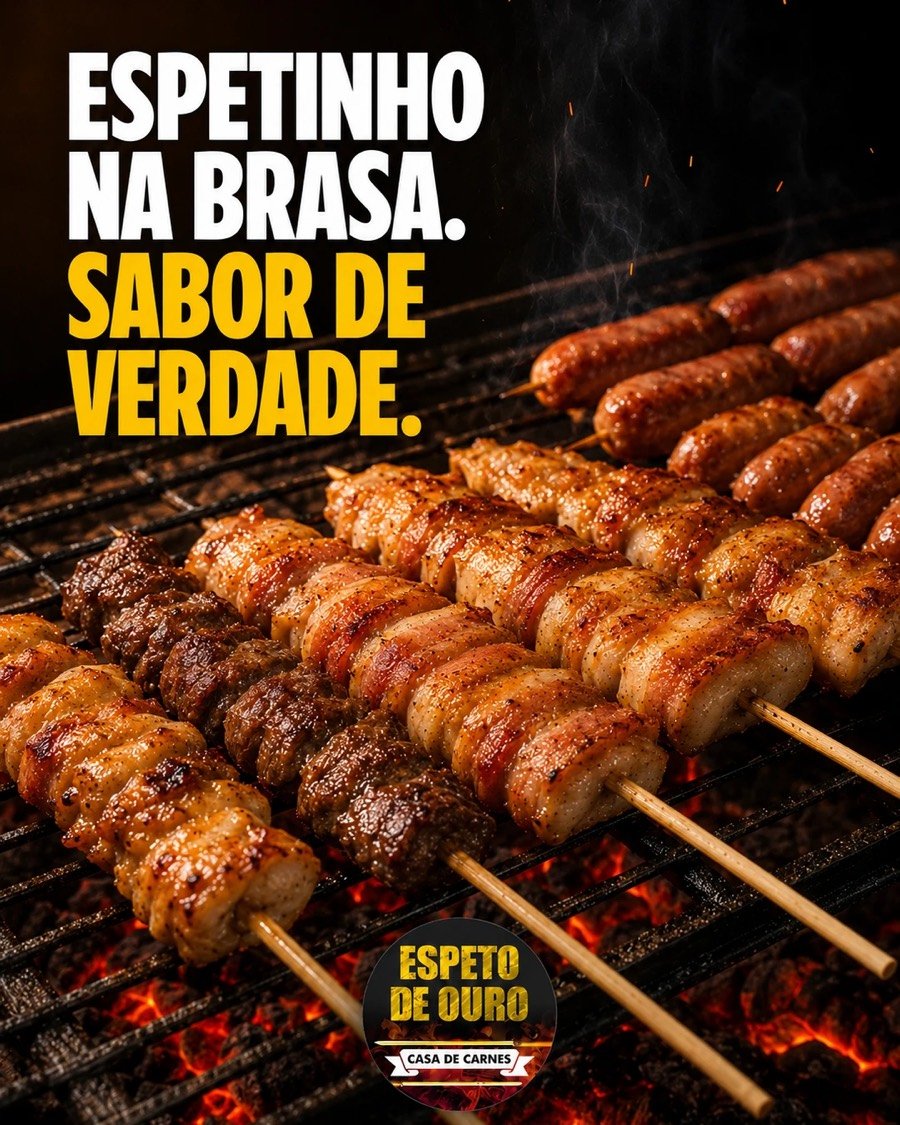 Espetinhos de carne, frango e linguiça na brasa