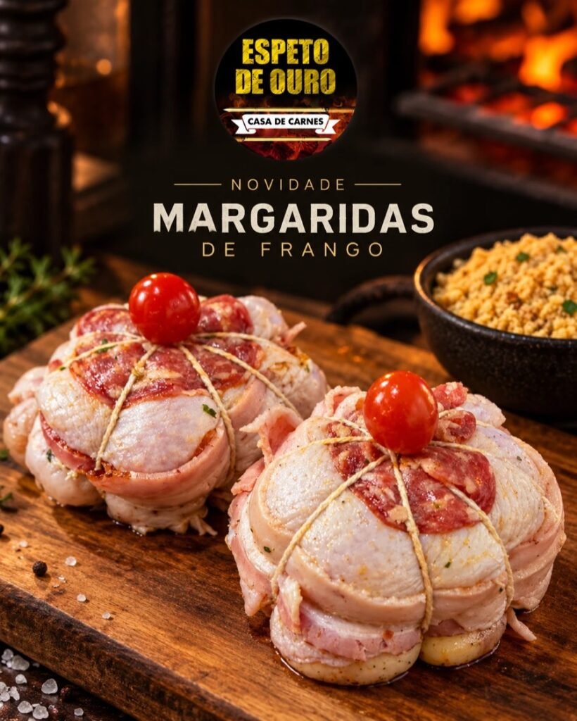 Margaridas de frango com bacon e calabresa amarradas